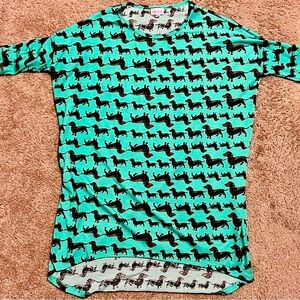 Lularoe Irma tunic top teal dachshund dapple dog shirt soft dolman stretchy